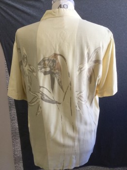 PARADISE, Yellow, Gray, Tan Brown, Silk, Tropical , Button Front, Collar Attached, Short Sleeves, Palm Trees Print