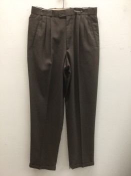 VIA PORT, Brown, Polyester, Rayon, Solid, Twill, Double Pleated, Button Tab Waist, Zip Fly, 4 Pockets, Relaxed Leg, Cuffed Hem, 90's/00's