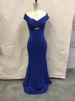 JOVANA, Royal Blue, Polyester, Solid, Thick Jersey, Décolletage, Peek-a-bee Front and Back Bodice, Back Zipper, Floor Length, Body Contour,