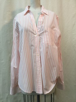 GAP, White, Coral Pink, Cotton, Stripes, White, Coral Pink Stripes, Button Front, Collar Attached, V-neck, Long Sleeves, 1 Pocket,