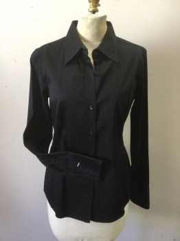 LADY ROBERTO, Black, Cotton, Polyester, Solid, Button Front, Collar Attached, Long Sleeves