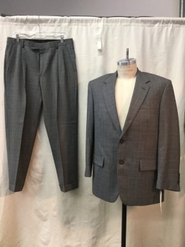 VESINI, Heather Gray, Brown, Wool, Heathered, Plaid-  Windowpane, Heather Gray, Brown Window Pane, Notched Lapel, 2 Buttons,  3 Pockets,