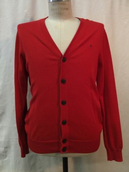 Mens, Cardigan Sweater, TOMMY HILFIGER, Red, Cotton, Solid, M, Red, Button Front,