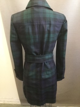 Womens, Coat, Trenchcoat, J CREW, Navy Blue, Green, Black, Wool, Cotton, Plaid, 00, Collar Attached, Button Front, Slit Pockets, Belt