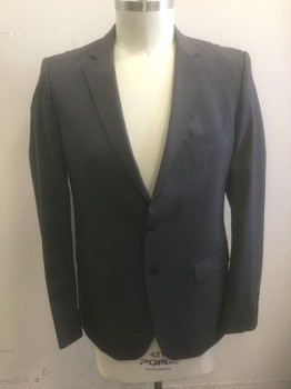ZARA, Gray, Wool, Solid, Single Breasted, Notched Lapel, 2 Buttons, 3 Pockets