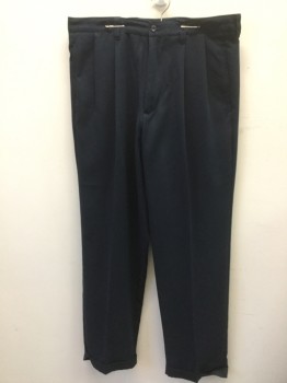 Mens, Slacks, DOCKERS, Navy Blue, Polyester, Solid, 30, 34, Navy, 2 Pleat Front, Zip Front, 4 Pockets, with Cuff