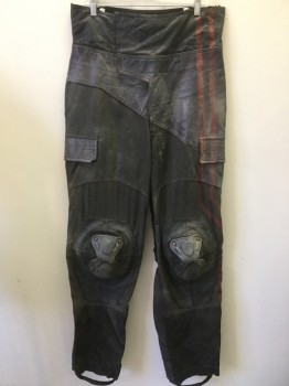 MTO, Dk Brown, Black, Red, Cotton, Leather, Mottled, Stripes, Patchwork of Gortex and Leather, Aged/Distressed,  Zip Front with Velcro Tab, Built in, Boned  Waist Cincher/ Band, Attached Plastic Knee Cups, Elastic Stirrups.