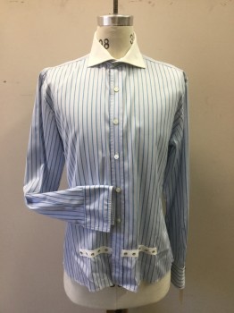 Mens, Historical Fiction Shirt, ANTO, Lt Blue, White, Turquoise Blue, Cotton, Stripes, Check - Micro , 36/7, 16, Button Front, Spread White Collar Attached, Long Sleeves, Crotch Strap Attached Snaps in Front,