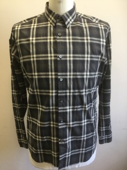 THEORY, Charcoal Gray, Cream, Caramel Brown, Gray, Cotton, Plaid-  Windowpane, Long Sleeve Button Front, Collar Attached