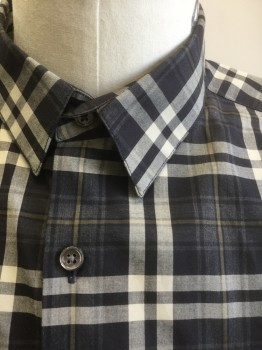 THEORY, Charcoal Gray, Cream, Caramel Brown, Gray, Cotton, Plaid-  Windowpane, Long Sleeve Button Front, Collar Attached