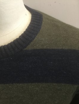 J.CREW, Olive Green, Charcoal Gray, Cotton, Wool, Stripes - Horizontal , Knit, Long Sleeves, Crew Neck, **Barcode Located at Left Side