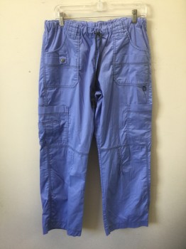 N/L, French Blue, Cotton, Polyester, Solid, Drawstring Waist, Many Pockets and Compartments on Legs, Belt Loops, Gray Top Stitching