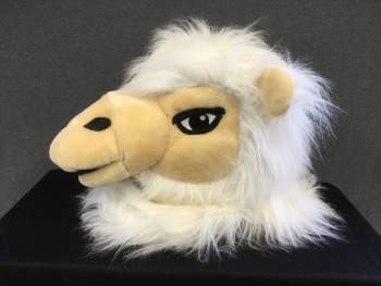 MTO, Camel Brown, White, Black, Faux Fur, Polyester, CAMEL (2 PERSON): Camel Head, Camel Fuzzy Texture, White Shaggy Faux Fur, Ears, Open Mouth for Small Visual Field, Black Mesh Eyeballs, White Plastic Mesh Under Mouth