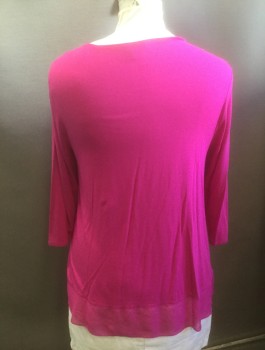VINCE CAMUTO, Magenta Pink, Polyester, Solid, Jersey, 3/4 Sleeves, Scoop Neck, Sheer Chiffon Panel at Hem, Asymmetric Hem