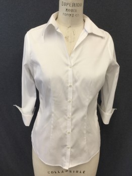 LAND'S END, White, Cotton, Solid, Button Front, Collar Attached, 3/4 Sleeve, Extended Split Cuff