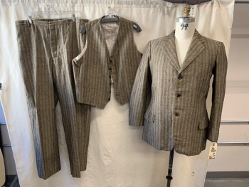SIAM COSTUMES, Cream, Black, Cotton, Polyester, Basket Weave, Stripes - Vertical , 3 Buttons,  Notched Lapel, 3 Pockets, Single Breasted,