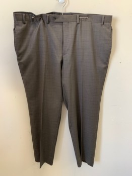 Mens, Slacks, RALPH LAUREN, Tobacco Brown, Charcoal Gray, Wool, Plaid-  Windowpane, 42/28, Side Pockets, Zip Front, Flat Front, 2 Back Pockets with Buttons