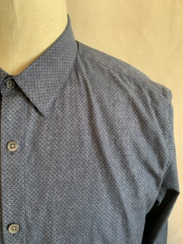 THEORY, Denim Blue, Navy Blue, Cotton, Dots, Small Dots, Button Front, Collar Attached, Long Sleeves, Button Cuff