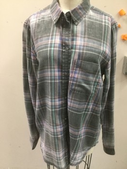 AMERICAN EAGLE, Gray, Periwinkle Blue, Mauve Pink, White, Mint Green, Cotton, Plaid, Button Front, Long Sleeves, Collar Attached,