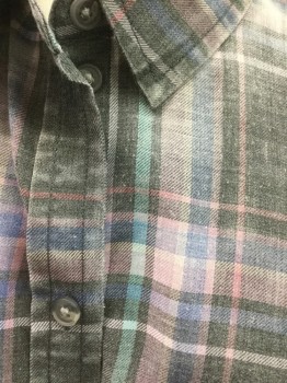 AMERICAN EAGLE, Gray, Periwinkle Blue, Mauve Pink, White, Mint Green, Cotton, Plaid, Button Front, Long Sleeves, Collar Attached,