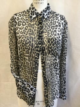 EQUIPMENT, Beige, Black, Lt Brown, Brown, Silk, Animal Print, Sheer, Collar Attached, Black Button Front, Long Sleeves,