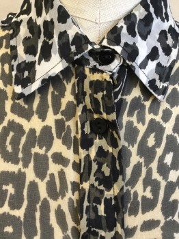 EQUIPMENT, Beige, Black, Lt Brown, Brown, Silk, Animal Print, Sheer, Collar Attached, Black Button Front, Long Sleeves,