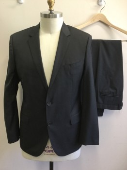 HUGO BOSS, Black, Wool, Solid, Single Breasted, Collar Attached, Notched Lapel, 2 Buttons,  3 Pockets