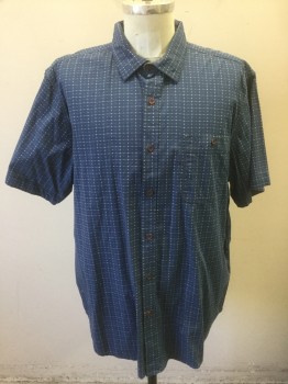 NORTHWEST, Navy Blue, White, Slate Blue, Cotton, Grid , Dots, Navy with White and Slate Gray Dashed Grid Lines with + Shapes, Short Sleeve Button Front, Collar Attached, 1 Pocket with Button Closure