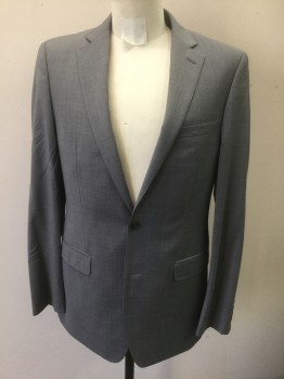 CALVIN KLEIN, Gray, Lt Gray, Wool, Plaid-  Windowpane, Faint Gray on Gray Windowpane Plaid, Single Breasted, Notched Lapel, 2 Buttons, 3 Pockets