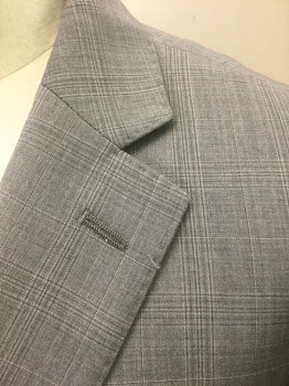 CALVIN KLEIN, Gray, Lt Gray, Wool, Plaid-  Windowpane, Faint Gray on Gray Windowpane Plaid, Single Breasted, Notched Lapel, 2 Buttons, 3 Pockets
