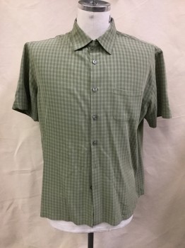 VAN HEUSEN, Olive Green, Rayon, Polyester, Plaid, Button Front, Short Sleeves, Collar Attached, 1 Pocket,