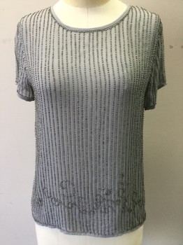 N/L, Gray, Silver, Synthetic, Beaded, Stripes, Scoop Neck, Short Sleeves, Sheer, Striped with Silver Beading