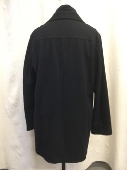 Mens, Coat, Overcoat, J. FERRAR, Black, Wool, Polyester, Solid, XL, 46, Large Notched Lapel with Zip Up Knit Ribbed Stand Collar, Single Breasted, 5 Button Up, 2 Side Entry Pockets, Above the Knee Length
