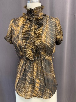 NEW YORK AND CO., Brown, Black, Beige, Lt Brown, Polyester, Abstract , Pleated Ruffled Stand Collar, 5  Button Front Placket with Pleated Ruffles, Empire Waist Ties ( Seam Opened and Frayed), Short Sleeves, Reptilian Feel to Print
