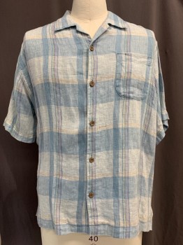 TOMMY BAHAMA, Lt Blue, White, Purple, Lime Green, Lt Gray, Linen, Plaid, Button Front, Collar Attached, Short Sleeves, Left Chest Pocket