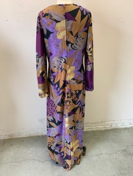 N/L, Purple, Gray, Brown, Black, Synthetic, Floral, Abstract , Maxi Dress, Groovy Print Knit,  Long Sleeves, V-neck, Empire Waist, Floor Length with Slit at Center Front Hem, Center Back Zipper, Late 1960's
