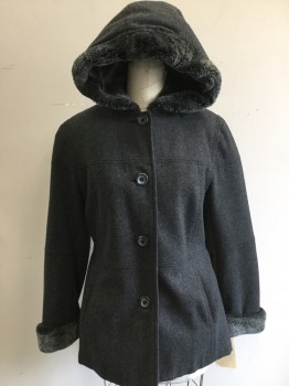 BRAETON, Charcoal Gray, Wool, Polyester, Solid, Single Breasted, Charcoal Fuzzy Fleece Lined Hood & Cuffs, 2 Pockets,