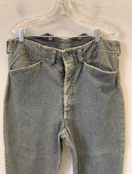 Mens, Historical Fiction Pants, N/L MTO, Denim Blue, Dusty Blue, Cotton, Solid, Faded, Ins:30, W:36, Stone Washed Very Faded Denim, Button Fly, 2 Slanted Front Pockets & 1 Back Pocket, Belted Detail at Back Waist, Belt Loops, Suspender Buttons at Inside Waistband, Made To Order 1800's Western
