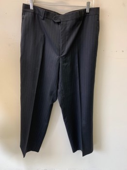ENZO COLLECTION, Black, Polyester, Wool, Stripes - Shadow, Flat Front , Button Tab,