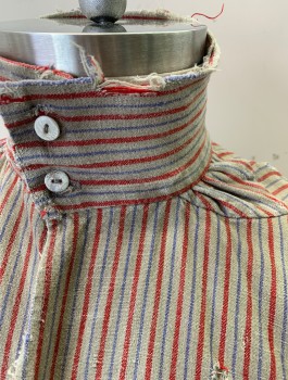 Mens, Historical Fiction Shirt, JFF UNIFORMS, Putty/Khaki Gray, Red, Lavender Purple, Cotton, Stripes - Vertical , L, Long Sleeves, Stand Collar with 2 Buttons, Pullover, Gusset Panels at Underarms, Aged, Pirate, Peasant, Historically Inspired Reproduction