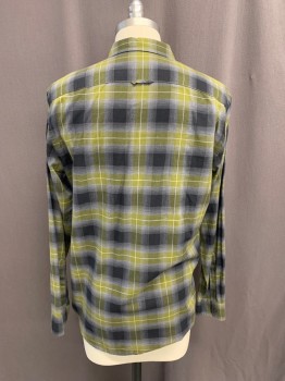 VINCE, Olive Green, Black, Gray, White, Cotton, Plaid, Button Front, Collar Attached, Long Sleeves, Button Cuff
