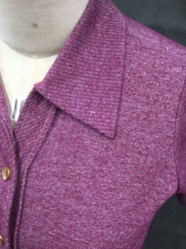 N/L, Magenta Purple, Polyester, Rayon, Heathered, Knit, Short Sleeves, 1/2 Gold Button Placket, Ribbed Knit Collar Attached/Placket, Knee Length