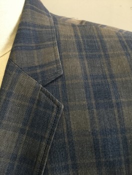 HUGO BOSS, Slate Blue, Taupe, Cotton, Plaid, Single Breasted, Thin Notched Lapel, 2 Buttons, 3 Pockets, Royal Blue Lining with Self "Hugo Boss" Text Pattern