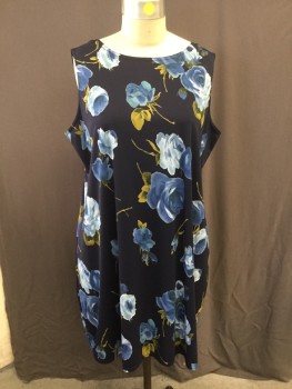 G.DRESSES, Navy Blue, Blue, Olive Green, Polyester, Floral, Plus Size Shift Dress, Scoop Neck, Sleeveless. Large Scale Bold Blue Rose Print Polyester Knit