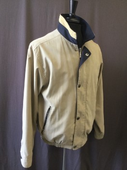 Mens, Casual Jacket, UTX, Khaki Brown, Tan Brown, Navy Blue, Polyester, Solid, Color Blocking, M 40, Zip and Snap Front, 2 Zipper Pocket, Snap Cuffs, Rouched Elastic Side Waistband, Contrasting Collar, Back Yoke