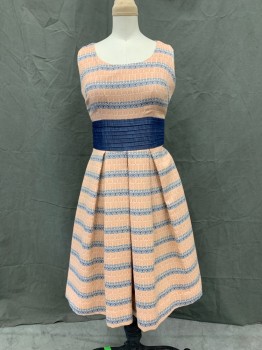 EVA FRANCO, Orange, White, Dk Blue, Polyester, Cotton, Stripes, Geometric, Scoop Neck, Side Zip, Pleated Skirt, Dark Blue Denim Horizontal Pleated Waistband