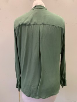 VINCE, Sage Green, Silk, Solid, V-neck, Pleated Center Front, Long Sleeves,
