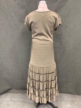 ZAC POSEN, Dusty Brown, Viscose, Nylon, Solid, Knit, Cap Sleeve, Scoop Neck, Side Zip, Horizontal Ribbed Knit Mid Section, Striped Holes Lower Skirt, Ankle Length