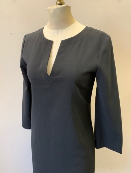 Womens, Dress, Long & 3/4 Sleeve, THEORY, Black, Polyester, Wool, Solid, Sz.2, 3/4 Sleeves, Round Neck with Deep Narrow Notch at Center Front, Mini Length, Shift Dress