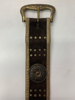 Unisex, Historical Fiction Belt, MTO, Dk Brown, Brass Metallic, Suede, Metallic/Metal, Circles, 38, Gold Trim, Brass Stud With Medallions, Gold Buckle, Extra Long